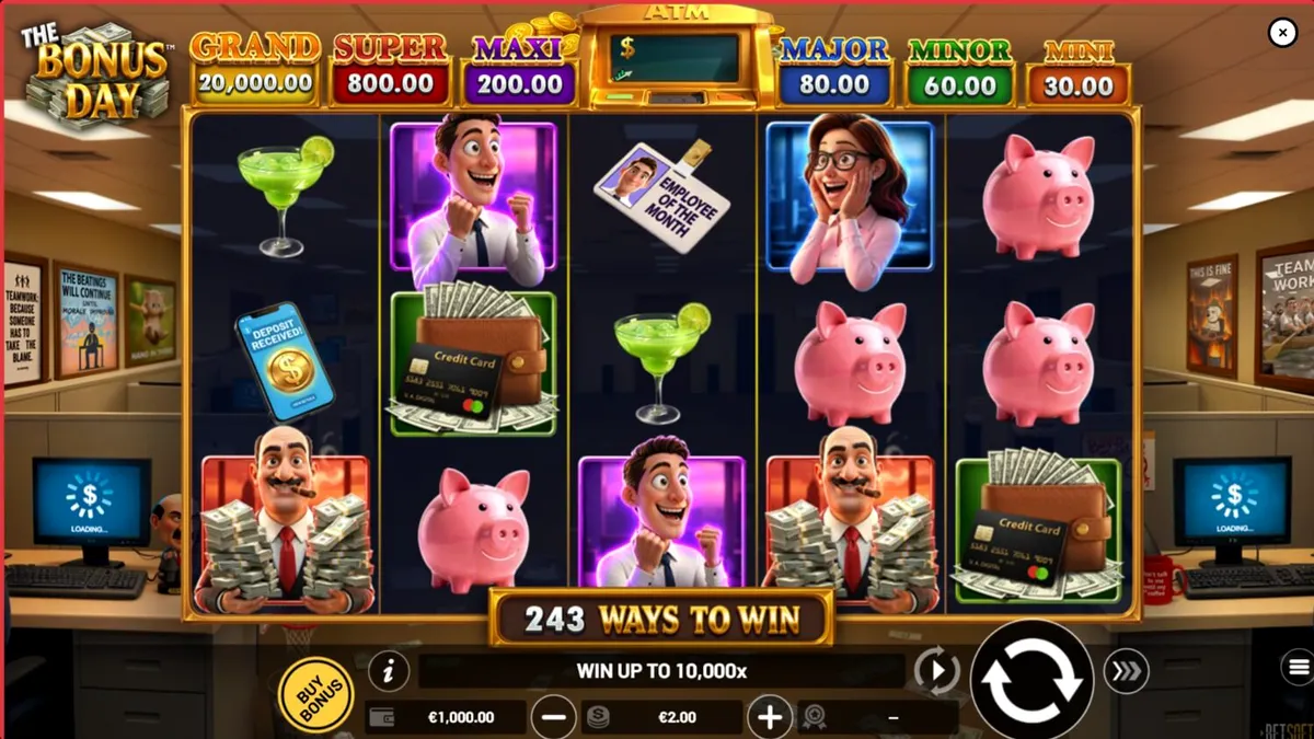 Tampilan visual slot The Bonus Day dengan tema kantor yang ceria