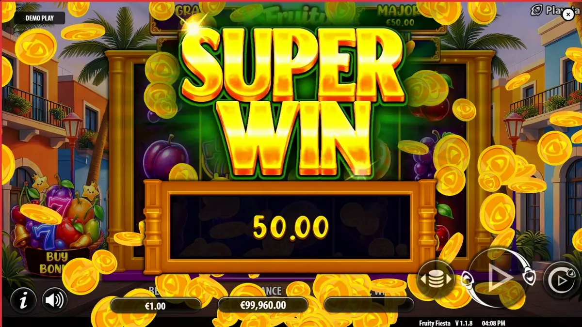 Tampilan visual neon penuh warna dari slot Fruity Fiesta